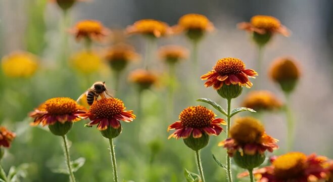 Close-Up View of Apis Mellifera (Honey Bee) on Helenium Flowers