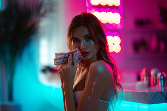 beautiful sexy woman holding money, prostitution or striptease concept