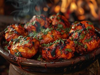 Tandoori Chicken feast under starlit skies, traditional clay ovens, and festive vibes - obrazy, fototapety, plakaty