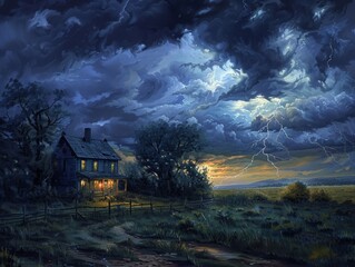 Thunderstorm over a classic farmhouse, dramatic skies, natures power, timeless scene 