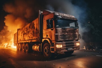 Explosive freight fuel truck accident with intense fire and billowing smoke cloud.