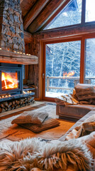 Cozy Winter Living Room with Fireplace and Snowy View