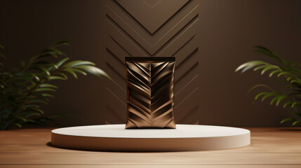 Obraz premium Modern product podium with a bronze color and palm leaf pattern on a brown background. Luxury presentation scene for a showcase, advertising, or packaging design mock-up.