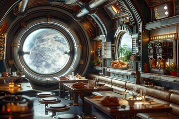 Fototapeta premium Kung Pao Chicken served in a space station diner, a cosmic culinary adventure