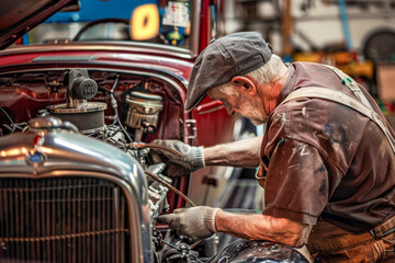 Expert Mechanic Fine-Tuning a Classic Car Engine - obrazy, fototapety, plakaty