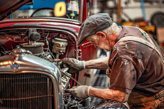 Expert Mechanic Fine-Tuning a Classic Car Engine