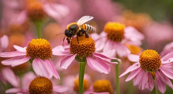 Apis Mellifera (Honey Bee) Pollinating Helenium Flowers