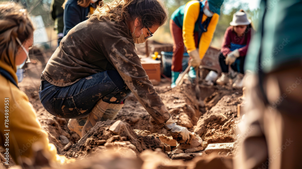 Wall mural Team of Archaeologists at Work on a Field Excavation Site