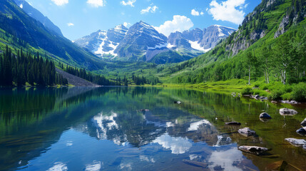 Serene Mountain Lake with Snow-Capped Peaks and Lush Forest