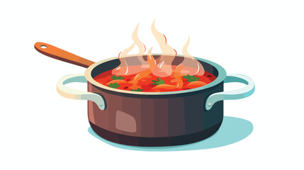 A close-up of a pot of soup simmering on the stove