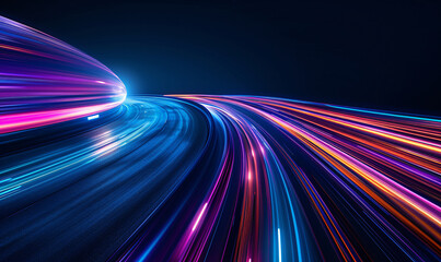 Fototapeta na wymiar High speed light trail effect, futuristic dynamic motion technology, neon glowing lines