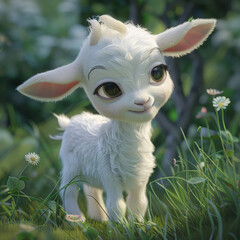 a cute adorable baby goat generative ai rendered in the style of children-friendly cartoon animation fantasy style (Generative Ai) - obrazy, fototapety, plakaty
