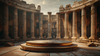Ancient Rome, old stone podium with ancient rome city in the background.