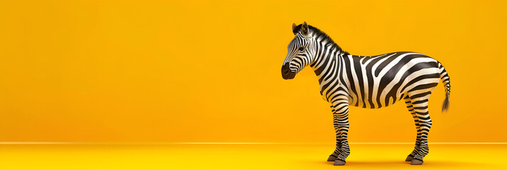 Fototapeta na wymiar Striking black and white stripes of a zebra against a vivid yellow background The majestic grace of the savannah captured in a single frame. 