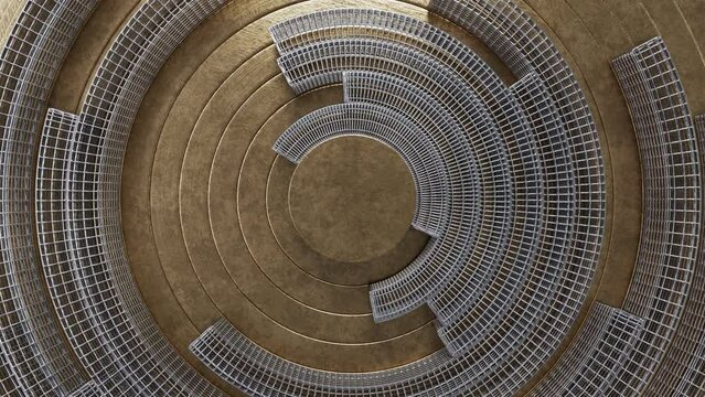 Realistic abstract looping 3D animation of the aged brass and silver metal wireframe rings clock-style pattern rendered in UHD as motion background