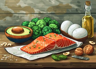 Digital art depicting a cooking scene with a healthy salmon dish and fresh ingredients, perfect for culinary concepts.
