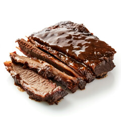  Juicy Barbecued Beef Brisket Slices Coated with Glaze on a Pristine White Plate
