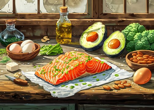 A vibrant digital painting of salmon and avocado, evoking the freshness and artistry of healthy eating.