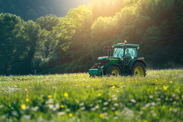 Fototapeta premium green tractor working in the summer field