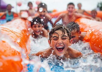 A thrilled boy on an inflatable water slide with more kids in the background cheering and enjoying a summer day - obrazy, fototapety, plakaty