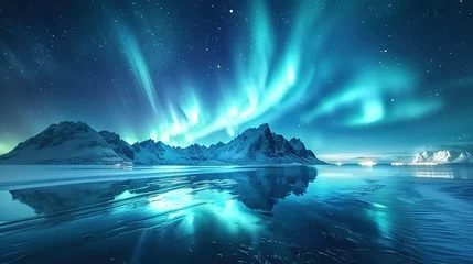 Draagtas Aurora borealis on the Lofoten islands, Norway. Night sky with polar lights. Night winter landscape with aurora and reflection on the water surface. Natural background in the Norway © Jennifer