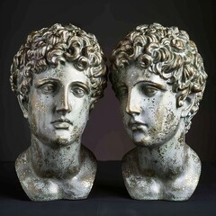 Obraz premium Ancient classical marble gypsum stoic, roman, greek bust, busts head sculpture against a colored background representing historical figures 