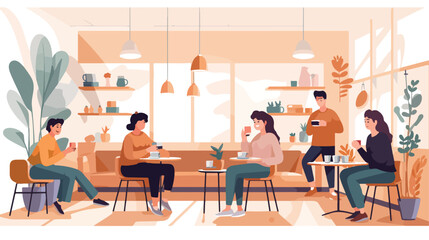 A cozy coffee shop with patrons enjoying their drinks