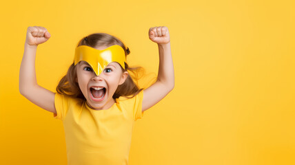 A happy strong children girl in colorful superhero costumes outfits having fun and grimacing ,Children day