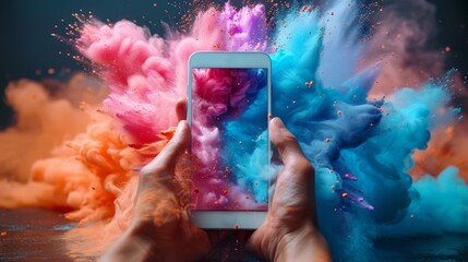 An illustration of a person holding a phone in two hands. An explosion of color. Touching screen with a finger. Modern illustration. - obrazy, fototapety, plakaty