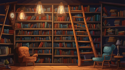 Cartoon library interior with many books - obrazy, fototapety, plakaty