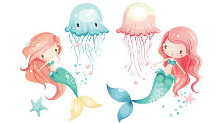 Cartoon little mermaid and jellyfish . Siren. Sea 