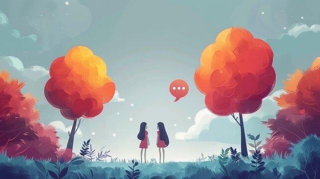 Naklejki An online messenger concept featuring small people flying around chat bubbles and emoji signs. Modern illustration.