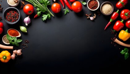 Black-stone-cooking-background--Spices-and-vegetables--Top-view--Free-space-for-your-text