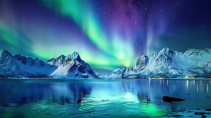 Naklejka premium Aurora borealis on the Lofoten islands, Norway. Night sky with polar lights. Night winter landscape with aurora and reflection on the water surface. Natural background in the Norway