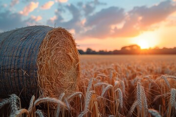Naklejka premium Golden hay bale on wheat field at sunny dusk
