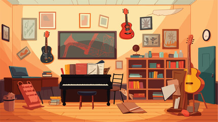 Cartoon music classroom interior with furniture and illustration