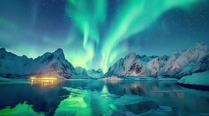 Küchenrückwand glas motiv Aurora borealis on the Lofoten islands, Norway. Night sky with polar lights. Night winter landscape with aurora and reflection on the water surface. Natural background in the Norway © Jennifer