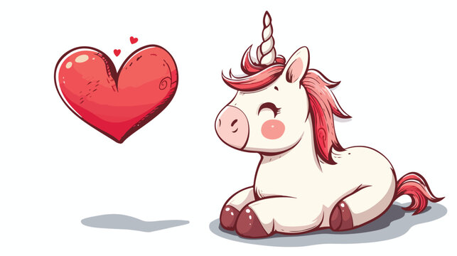 A cute cartoon unicorn is looking at the red heart 