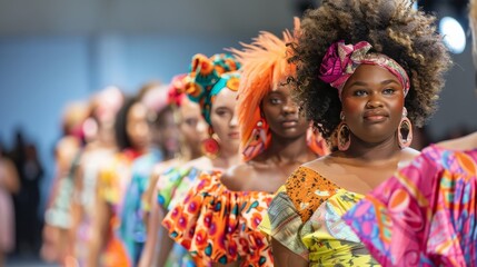 An inclusive fashion show runway, where models of different body types, ages, and ethnic...