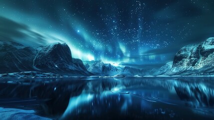 Aurora borealis on the Lofoten islands, Norway. Night sky with polar lights. Night winter landscape with aurora and reflection on the water surface. Natural background in the Norway - obrazy, fototapety, plakaty