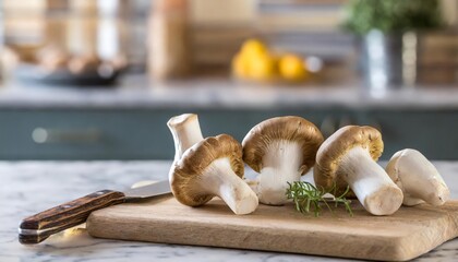 A selection of fresh vegetable: trumpet mushrooms, sitting on a chopping board against blurred kitchen background; copy space