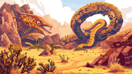 A desert landscape with giant mechanical snakes Flat - obrazy, fototapety, plakaty