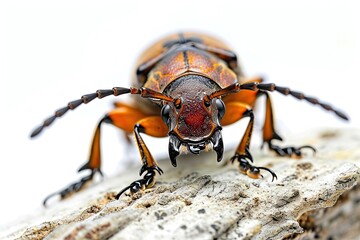 Fototapeta premium Mystic portrait of Bombardier Beetle on root in studio, copy space on right side, Headshot, Close-up View, Depth of Filed, 