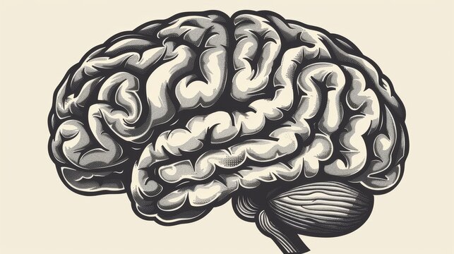 Modern illustration of a white brain silhouette with a blue icon line,