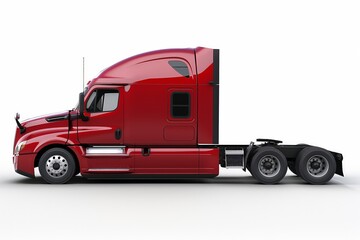 Naklejka premium Side view of a bright red semi truck cab without a trailer, isolated on a white background, depicting logistics and transportation.