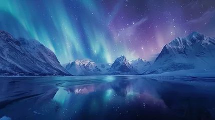 Foto op Canvas Aurora borealis on the Lofoten islands, Norway. Night sky with polar lights. Night winter landscape with aurora and reflection on the water surface. Natural background in the Norway © Jennifer