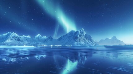 Naklejka premium Aurora borealis on the Lofoten islands, Norway. Night sky with polar lights. Night winter landscape with aurora and reflection on the water surface. Natural background in the Norway