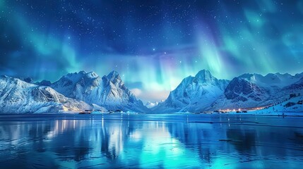 Aurora borealis on the Lofoten islands, Norway. Night sky with polar lights. Night winter landscape with aurora and reflection on the water surface. Natural background in the Norway - obrazy, fototapety, plakaty