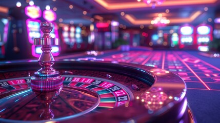 Three dimensional casino cover image with roulette and slot machines. Modern illustration.