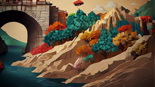 brige in China over a river in paper cut style origami 
